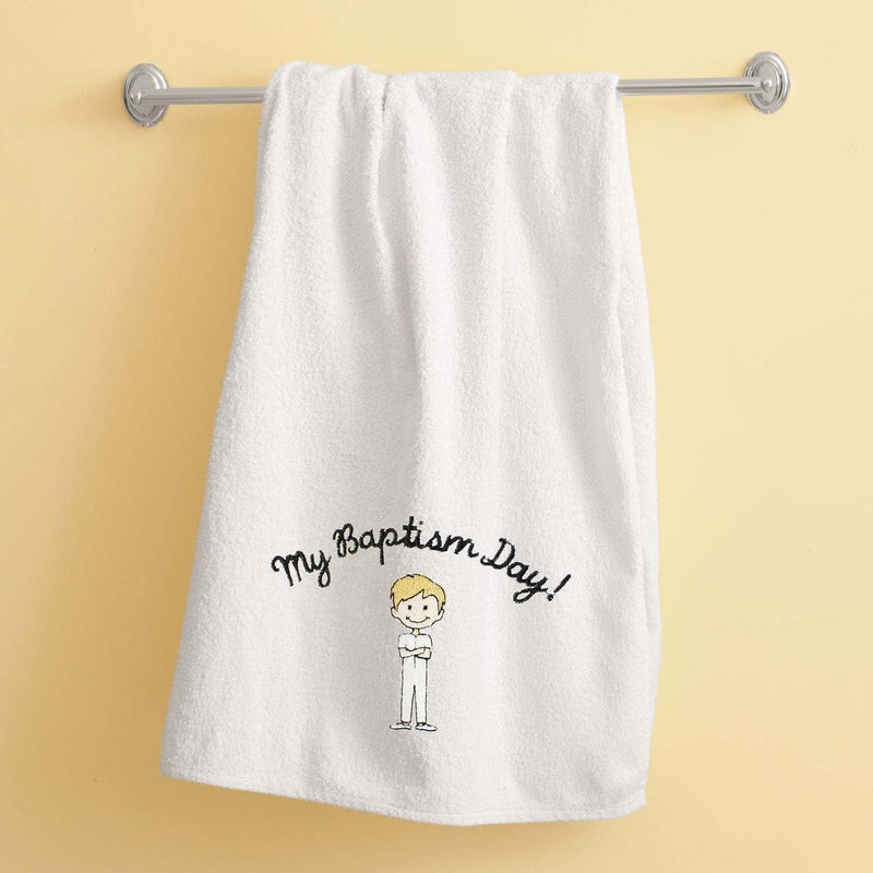 Ringmasters LDS White Embroidered Baptism Towel - Boy Blonde Hair - Baptism Day! Towel - Great Gift - 4 1/2 ft x 2 ft - Image 2